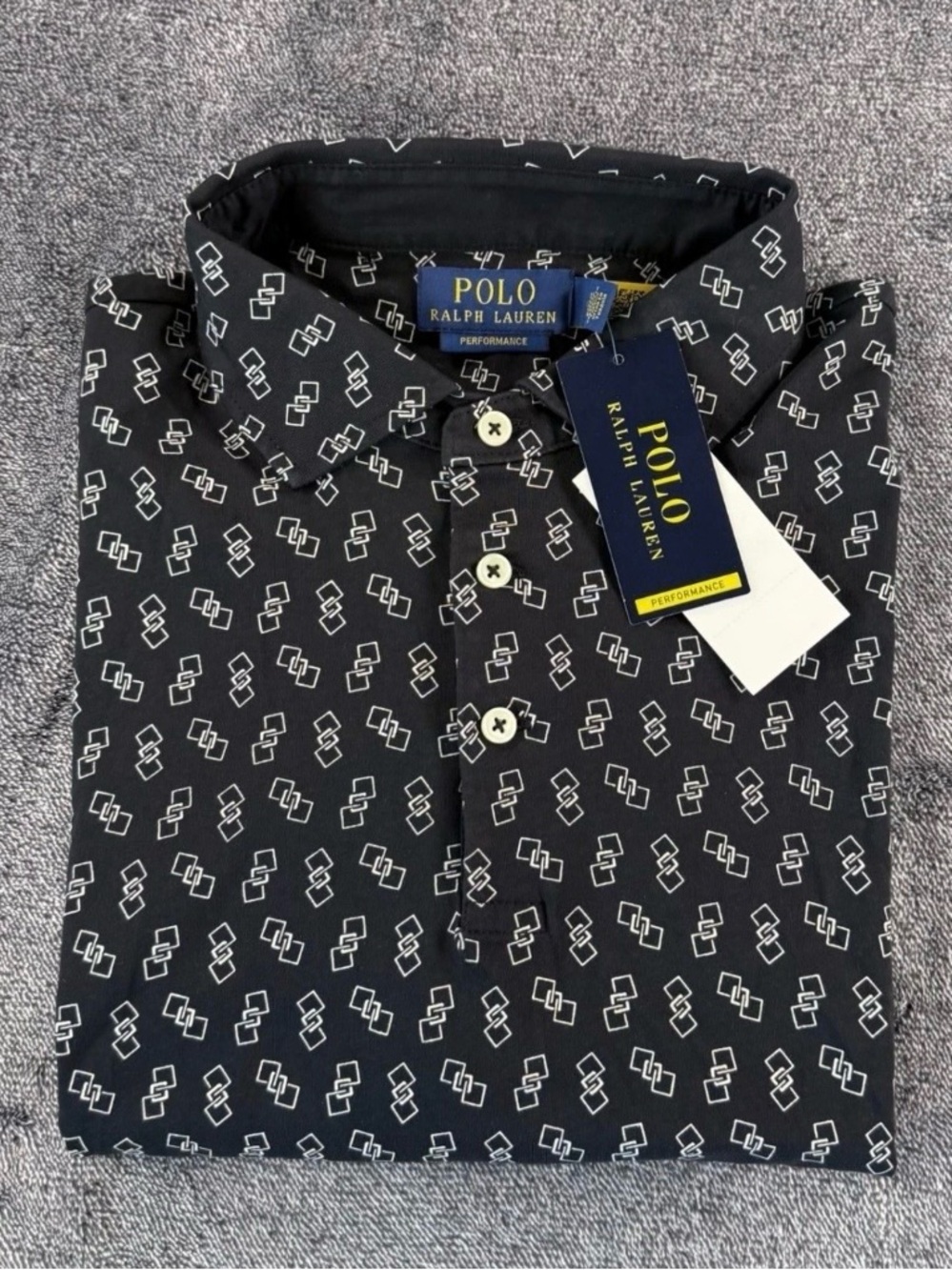 Polo Ralph Lauren Mens Performance Polo Shirt Black White Geometric Print Size L